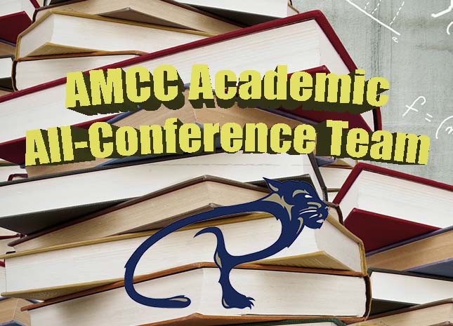 AMCC Academic All-Conference Team graphic. Pitt-Bradford logo on top of stack of books.